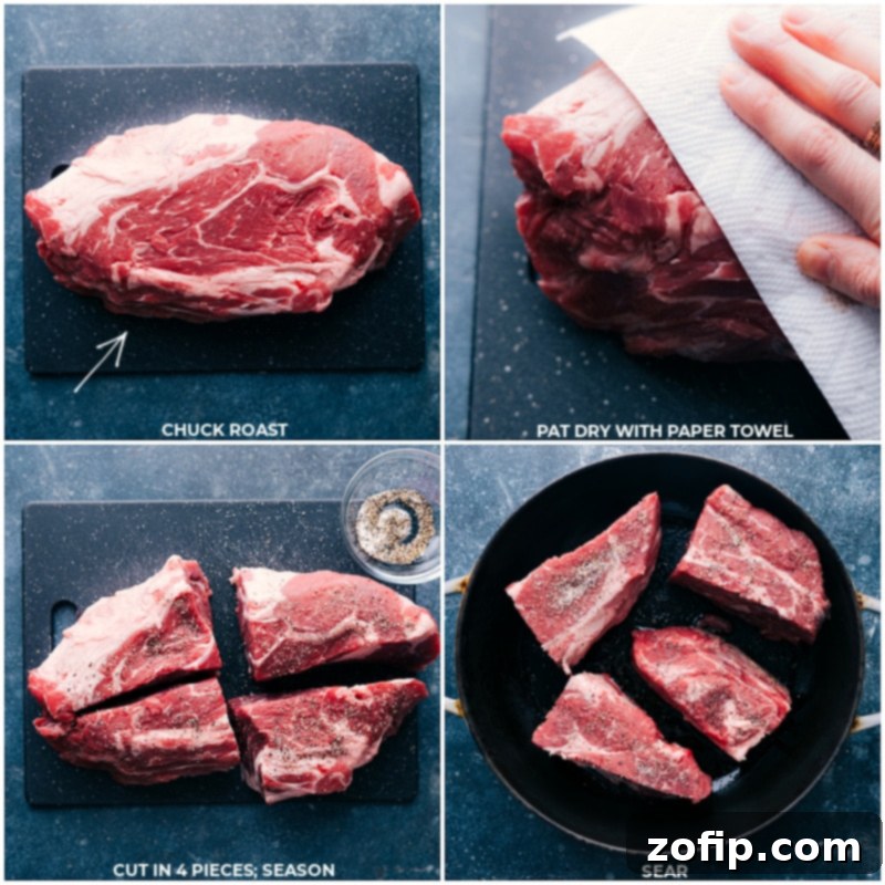 Process images showing beef chuck roast being patted dry and then cut into four equal pieces, ready for searing.