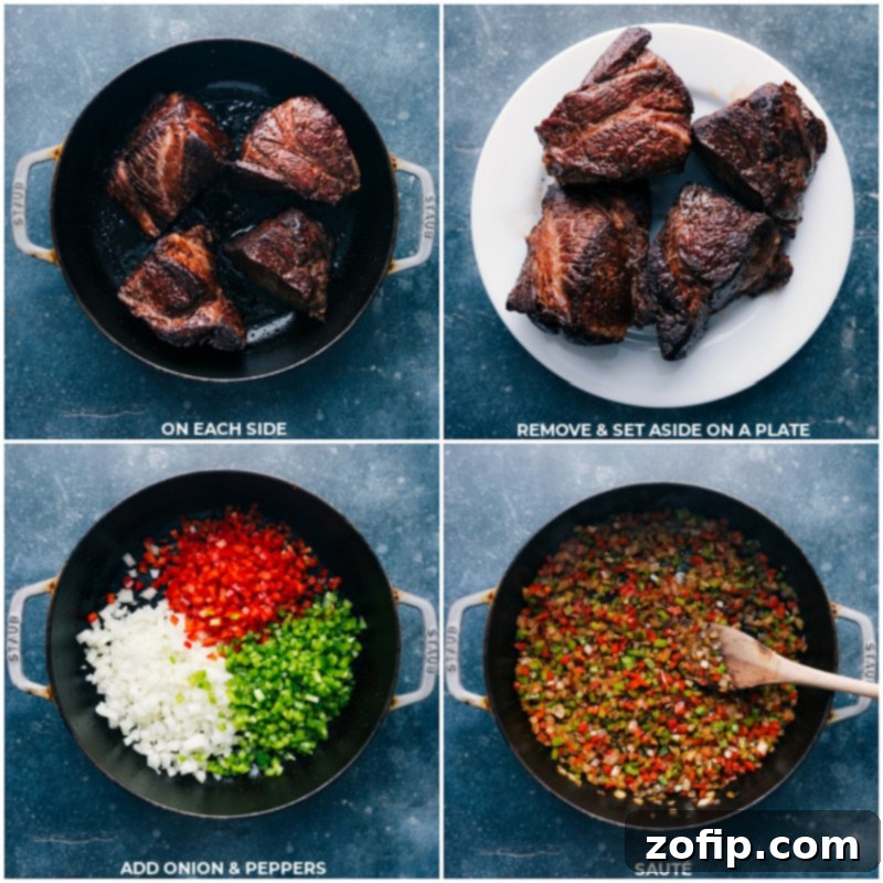 Process images showing the beef searing in a pan, followed by the finely diced onions and bell peppers sautéing until golden.