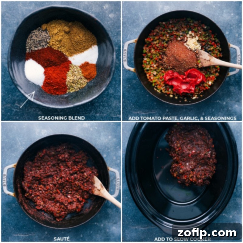 Process images showing the addition of seasonings, tomato paste, and minced garlic to the sautéed vegetables, followed by the mixture being transferred to a slow cooker.