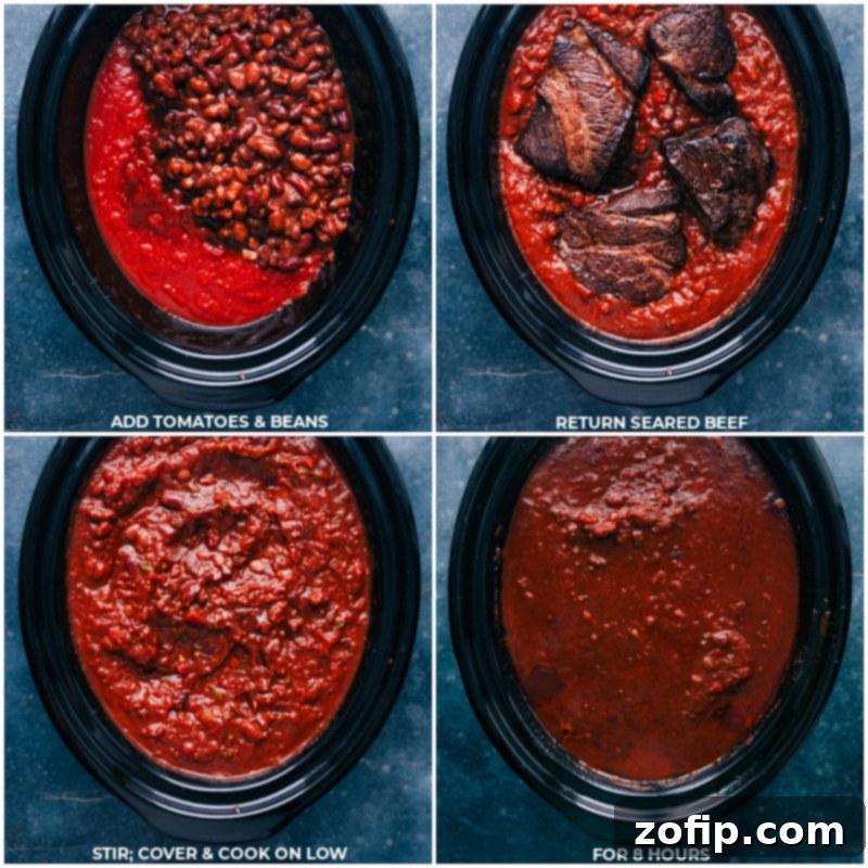 Process images showing crushed tomatoes, undrained chili beans, and the seared beef being added to the slow cooker.