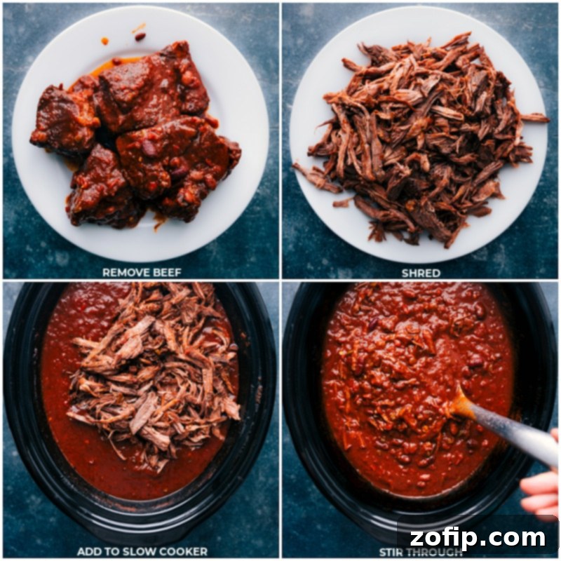 Process images showing the slow-cooked beef being removed from the crockpot, shredded with two forks, and then returned to the chili.