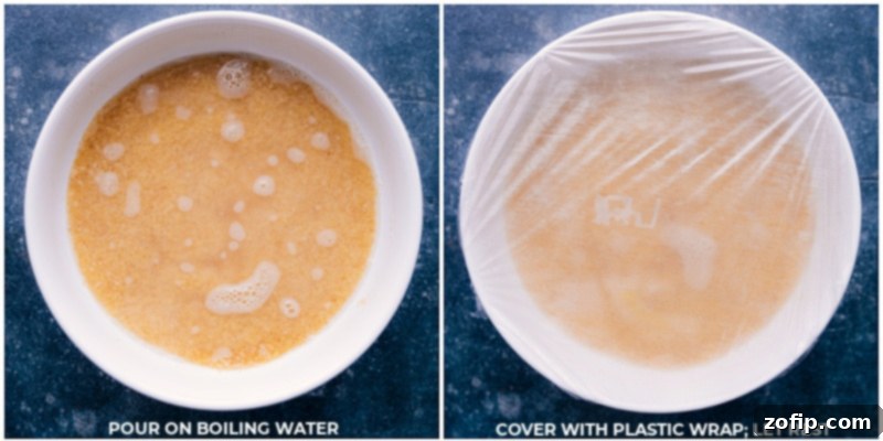 Process shots showing boiling water being poured over bulgur and salt, then the bowl being covered tightly with plastic wrap to rest.