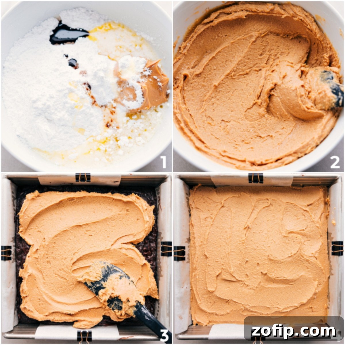 Sugar, melted butter, and creamy peanut butter are expertly mixed together in a bowl, forming a smooth, thick paste ready to be spread as the luscious peanut butter layer onto the baked brownies for Buckeye bars.