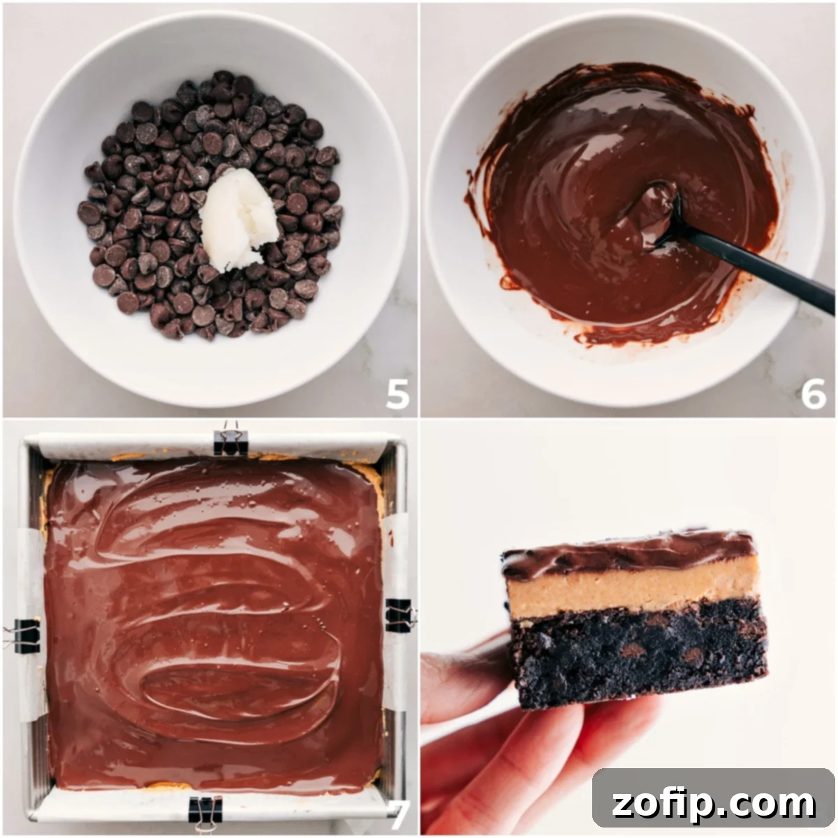 Silky smooth chocolate ganache and coconut oil are melted together in a bowl, ready to be poured over the peanut butter layer to create the glossy top coating of the Buckeye Brownie bars.