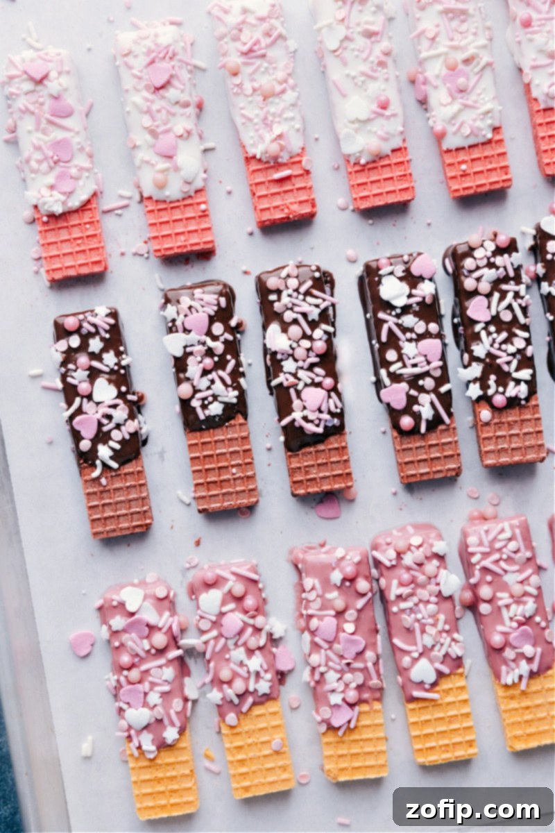 Overhead image displaying all three versions of Chocolate-Covered Wafers: milk, white, and ruby chocolate.