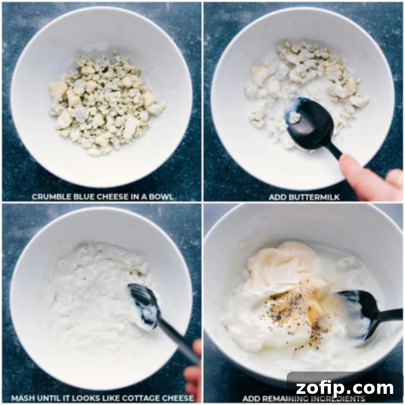 Simple process of combining blue cheese, buttermilk, mayo, and other ingredients for the dressing. Process shots showing the individual ingredients like blue cheese, buttermilk, mayonnaise, and sour cream being added to a mixing bowl, illustrating the ease of preparation.