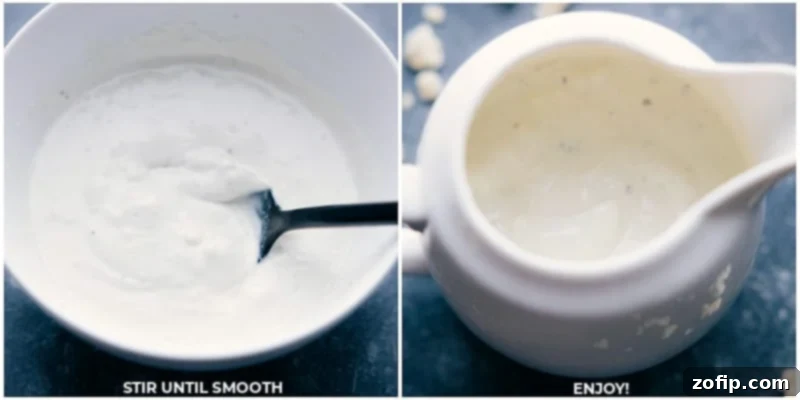 Mixing the homemade Blue Cheese Dressing to perfection. Series of images showing the Blue Cheese Dressing being mixed with a spatula in a bowl, highlighting its creamy texture.