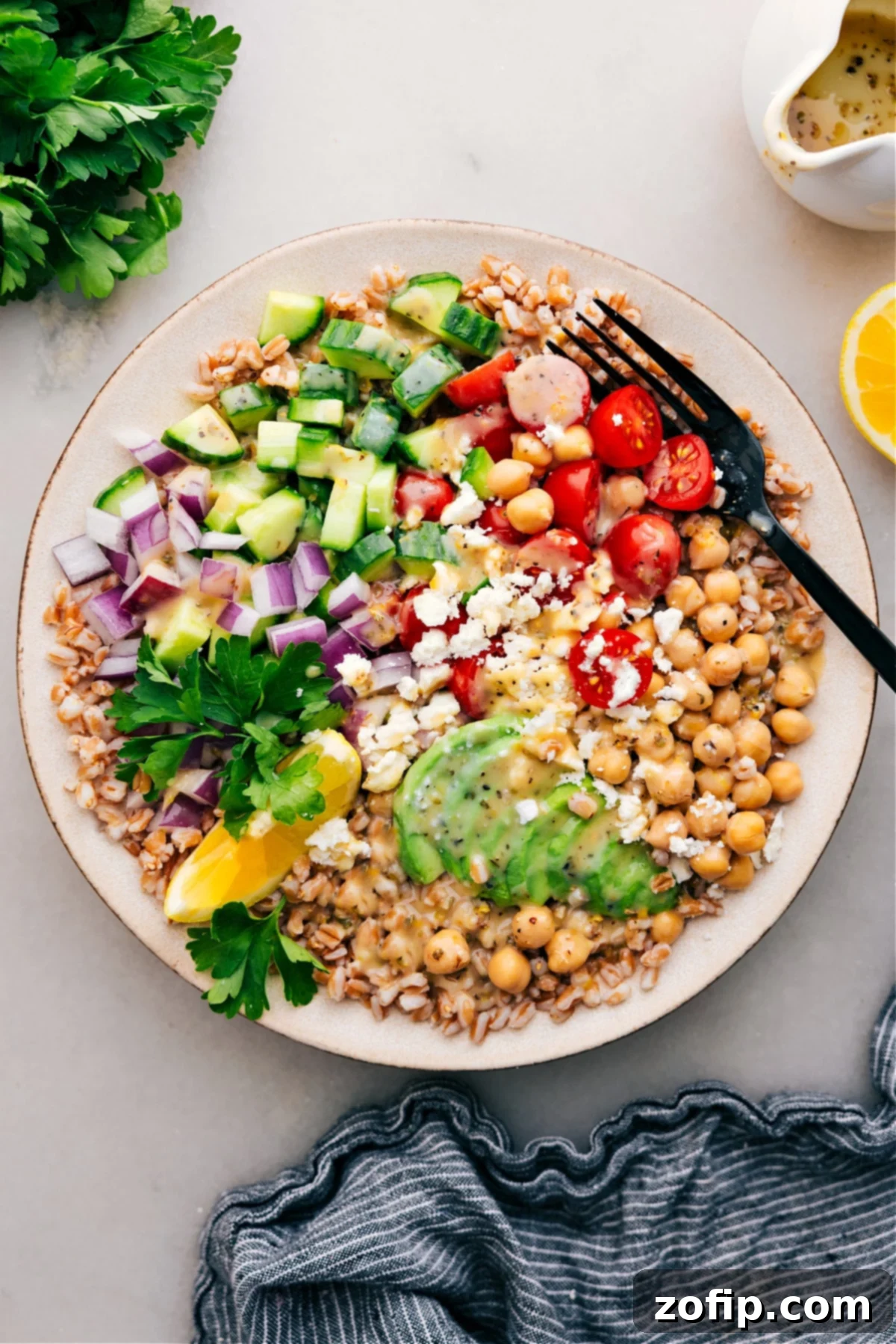 This grain bowl combines the best grains, fresh veggies, and the most delicious dressing, making it an ideal healthy meal.