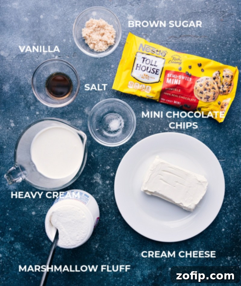Ingrediens In Chocolate Chip Dip All the essential ingredients for making the Chocolate Chip Dip laid out: cream cheese, heavy cream, marshmallow fluff, vanilla extract, brown sugar, salt, and mini chocolate chips.