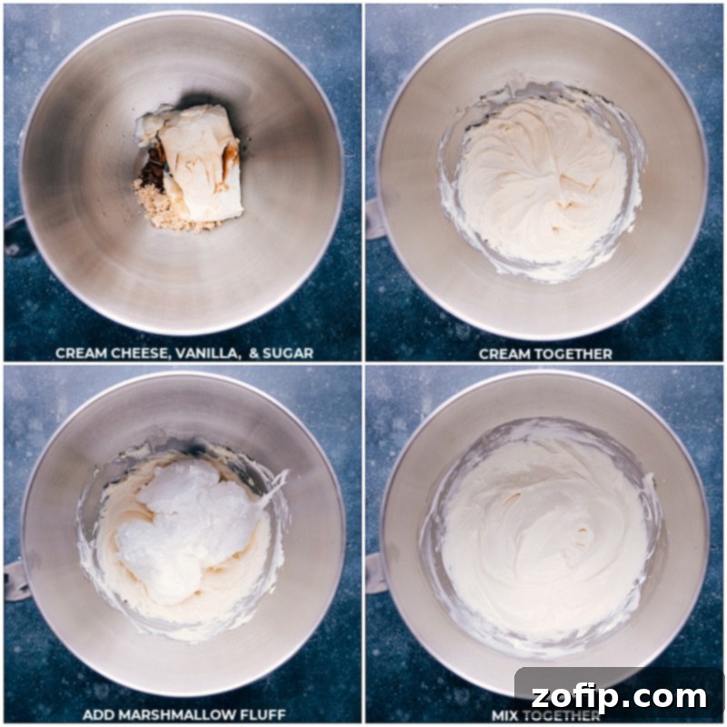 How To Make This Chocolate Chip Dip Mixing the creamy base ingredients, including marshmallow fluff, in a stand mixer to create the Chocolate Chip Dip.