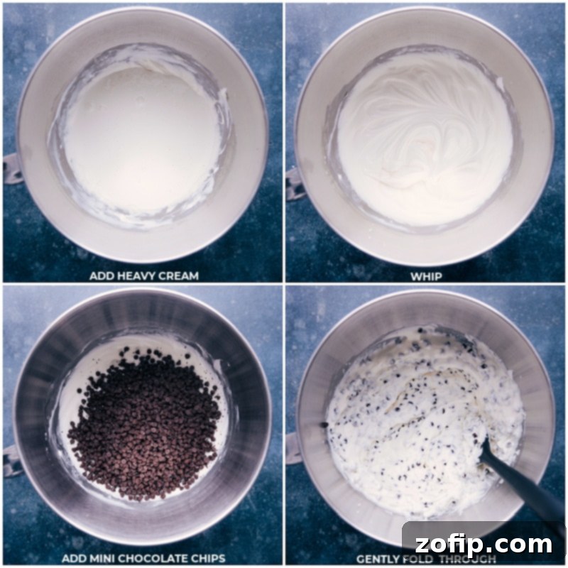 The Perfect No Bake Treat! The process of whipping heavy cream into the dip base and then gently folding in mini chocolate chips by hand.