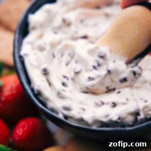 Chocolate Chip Cookie Dough Dip 3 Delicious Chocolate Chip Dip in a serving bowl with dippers.