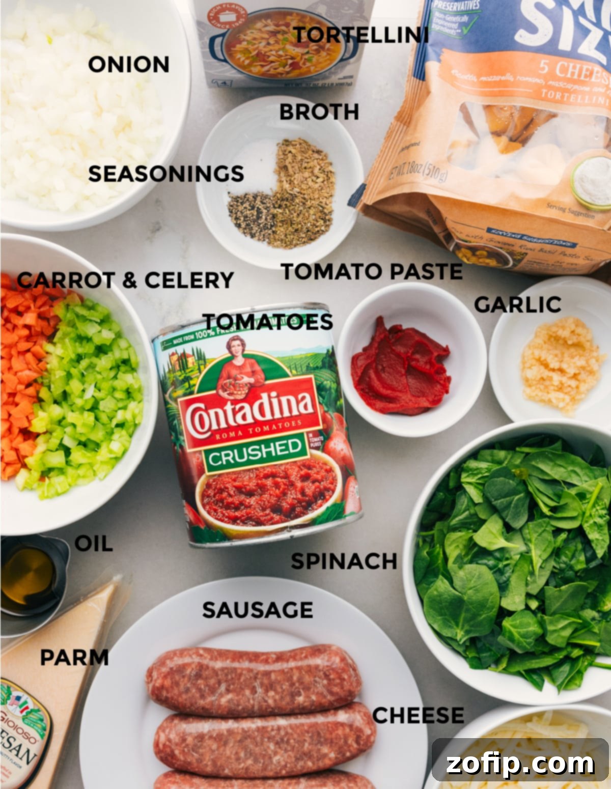 All the fresh ingredients for Baked Tortellini prepped and neatly arranged for easy assembly.