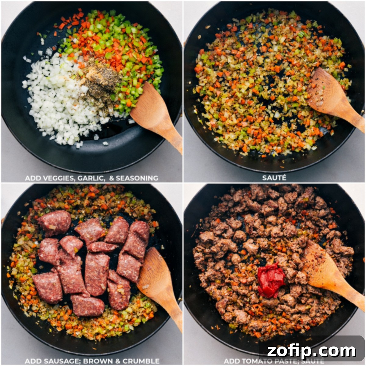 Sautéing a colorful mix of vegetables, fragrant garlic, savory seasonings, ground Italian sausage, and rich tomato paste in a large pan for Baked Tortellini.