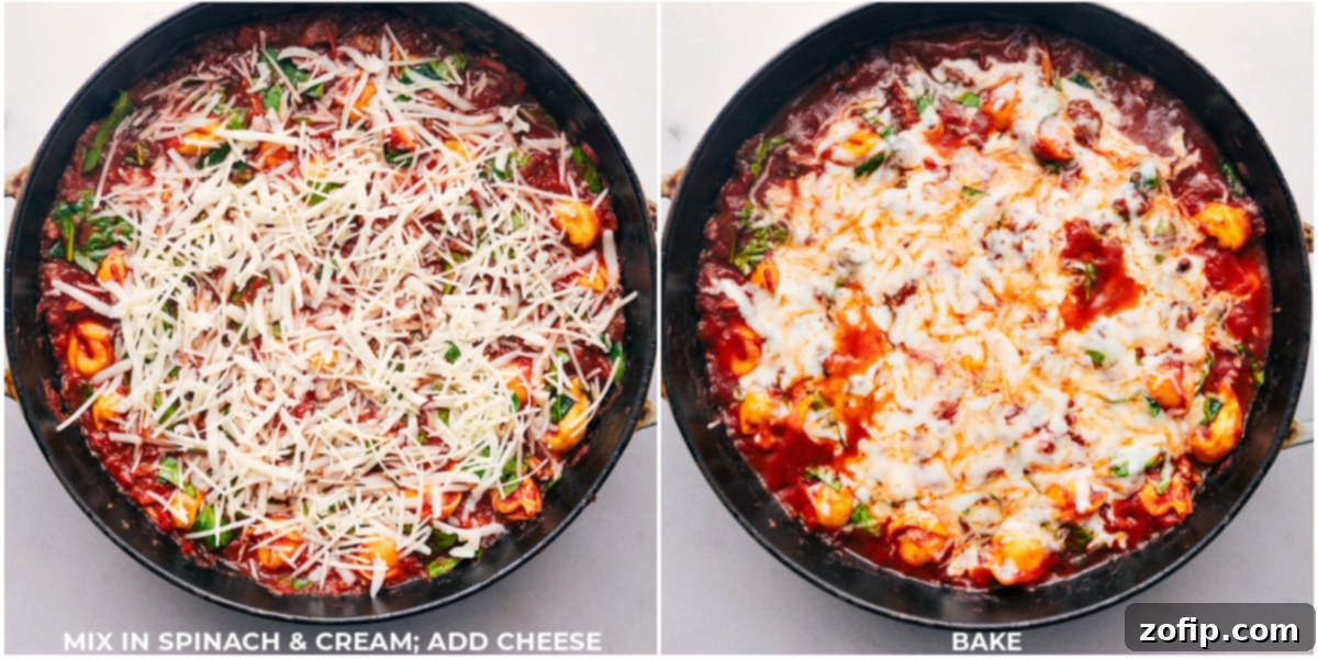 Adding fresh spinach, rich heavy cream, and a generous layer of shredded cheese to the Baked Tortellini in the pan before baking.