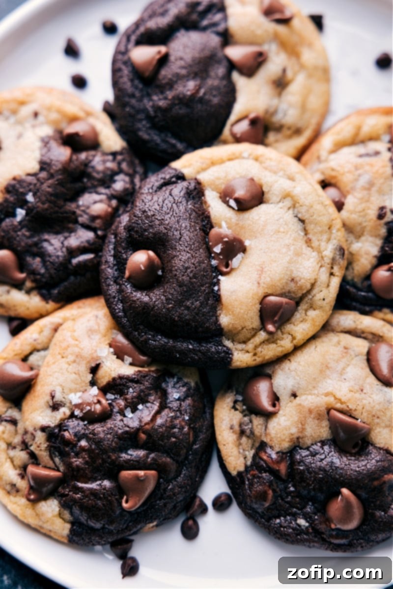 Overhead image of freshly baked Brookies on a plate, showcasing their perfect blend of brownie and chocolate chip cookie textures.