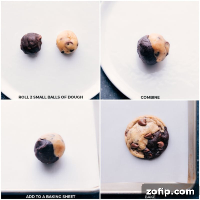 Process images showing how to combine brownie and chocolate chip cookie dough balls, and then the baked Brookies.
