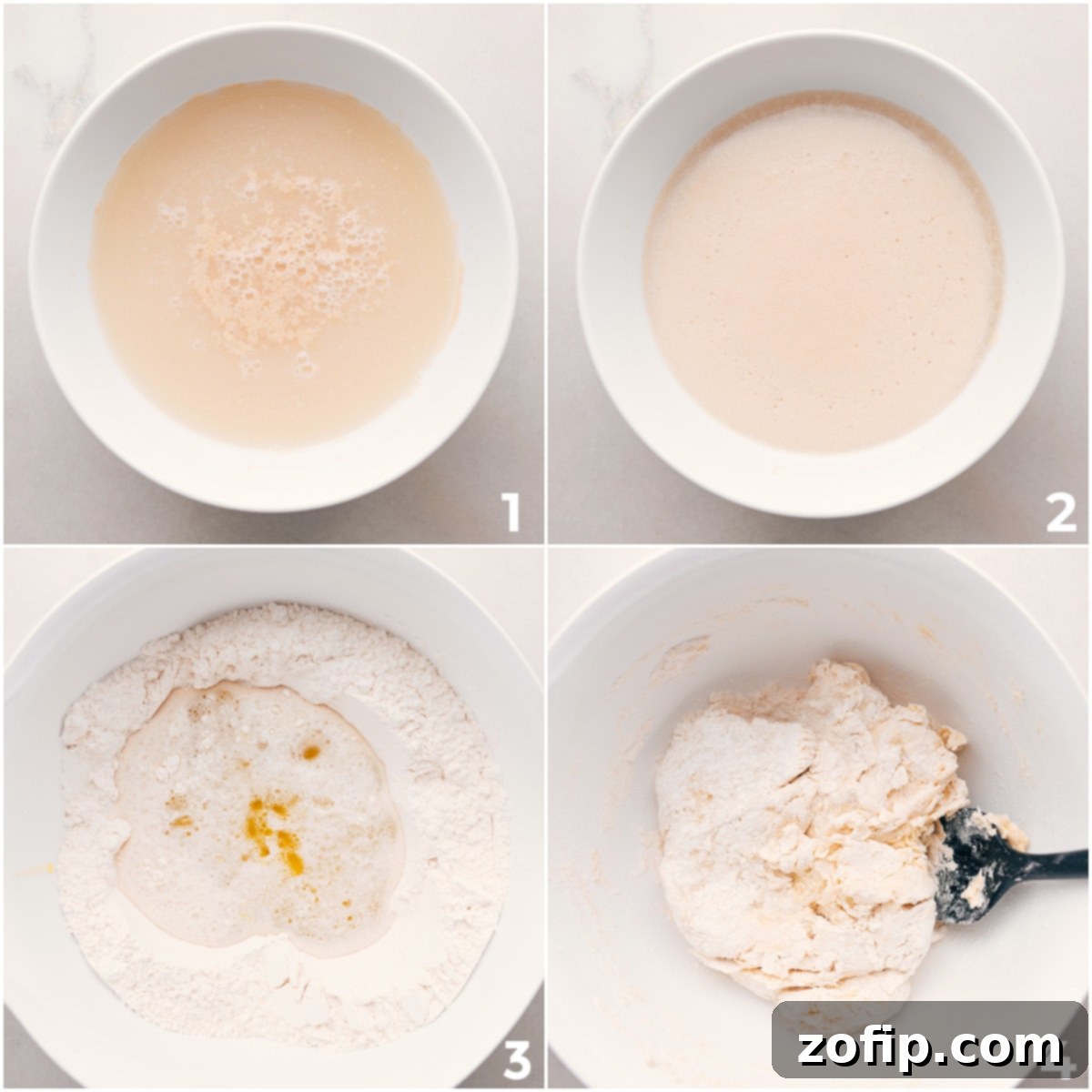 Activated yeast mixture foaming and being combined with dry ingredients for an easy homemade pizza dough.