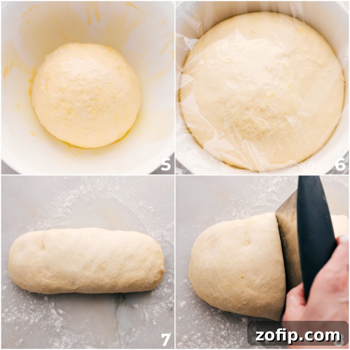 Pizza dough after its first rise, being cut into three equal portions for individual pizzas.