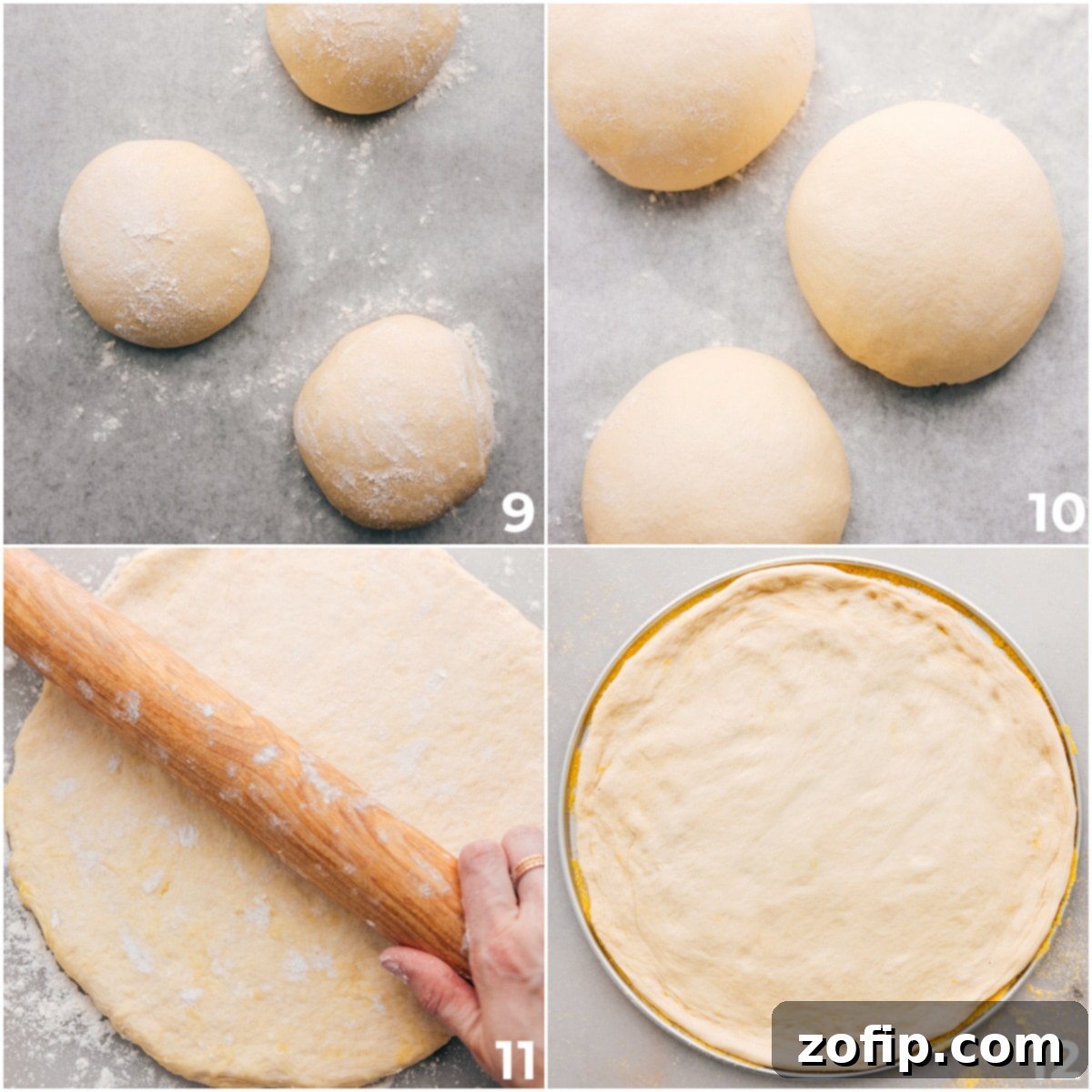 Three pizza dough balls being rolled out into perfect circles on a floured surface for baking.