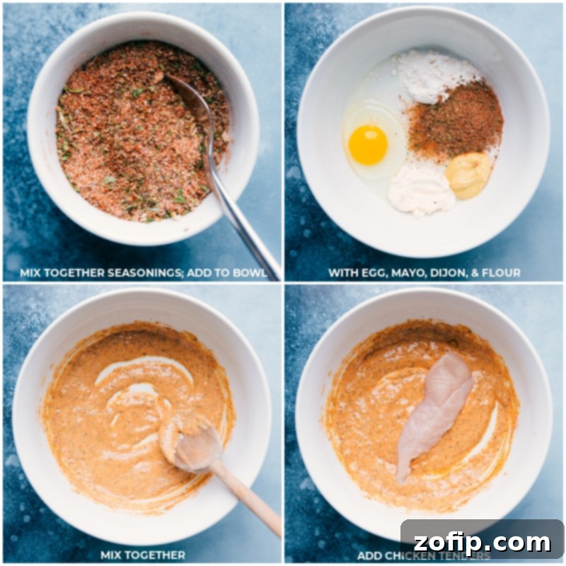 Step-by-step process of preparing the chicken batter: seasonings being mixed, then added to egg, mayonnaise, Dijon mustard, and flour, followed by mixing in chicken tenders.