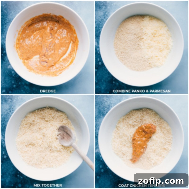 Process of coating chicken: dredging chicken tenders in wet batter, then mixing panko and Parmesan, and finally coating the chicken with the crispy crumb mixture for Sheet Pan Chicken and Zucchini.