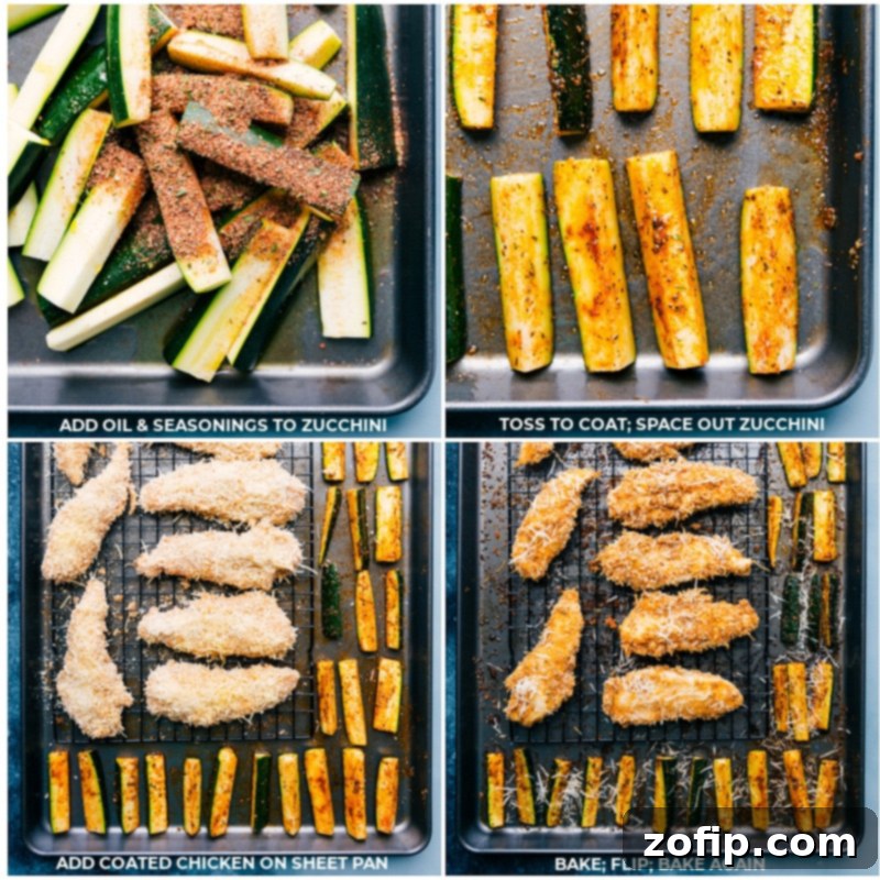 Sheet Pan Chicken and Zucchini roasting in the oven, with the chicken tenders on a wire rack and zucchini around them, achieving crispy perfection.