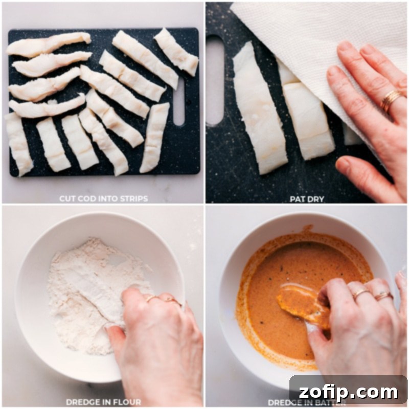 Process shots of homemade fish sticks: showing fresh cod being cut into strips, then dipped in flour, and finally dredged in the creamy batter