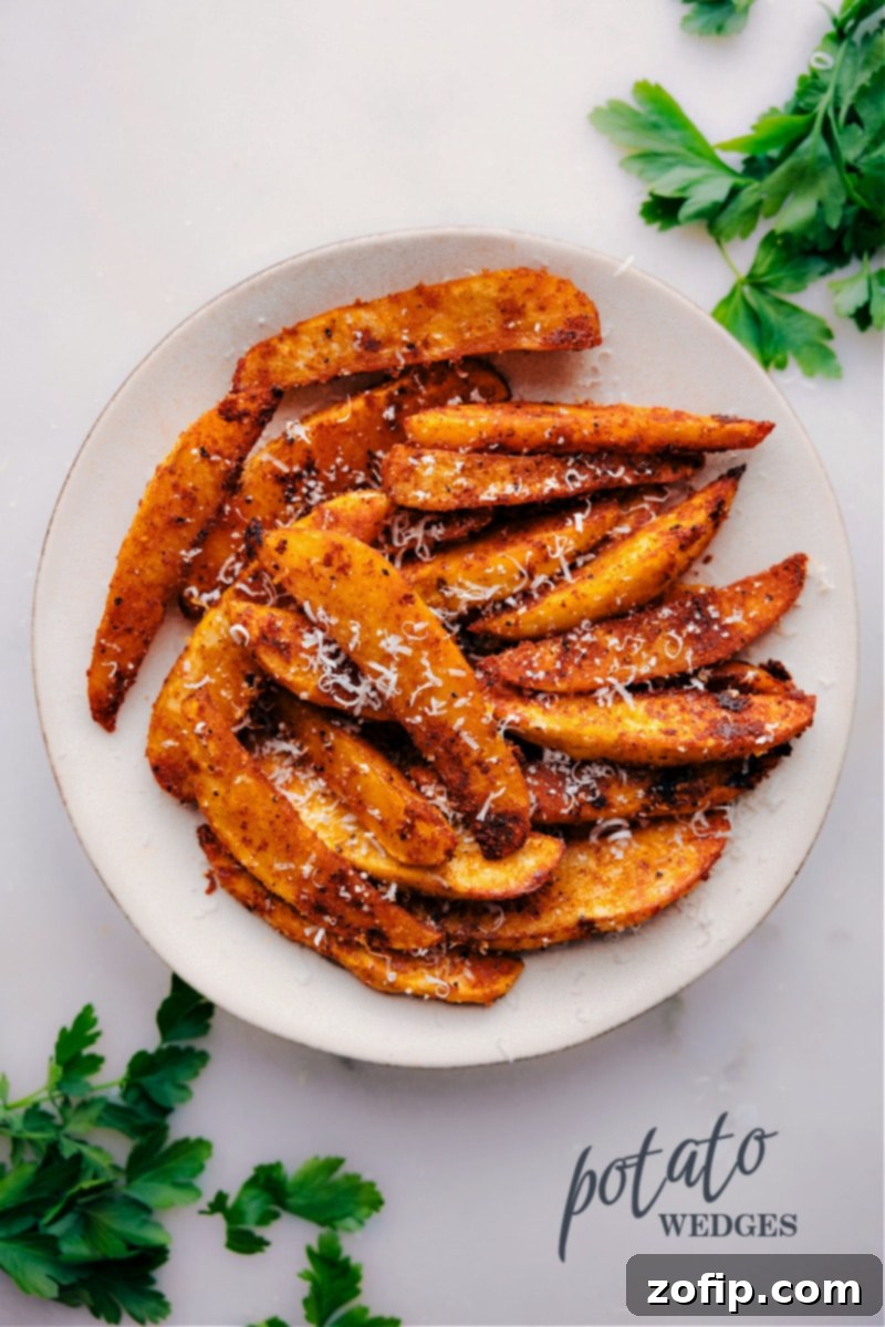 Golden Crispy Potato Wedges 2 Crispy golden-brown potato wedges served on a white plate, beautifully garnished with fresh herbs, showcasing their perfect texture.