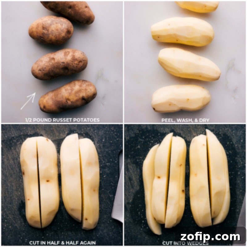 Golden Crispy Potato Wedges 3 Step-by-step imagery showing russet potatoes being thoroughly washed, expertly cut into uniform wedges, and carefully prepped before seasoning.