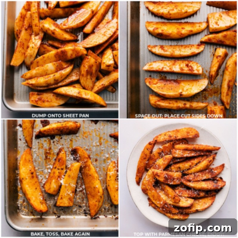 Golden Crispy Potato Wedges 5 Freshly roasted potato wedges, generously topped with delicate shavings of Parmesan cheese and a sprinkle of vibrant chopped parsley, artfully arranged and ready for serving.