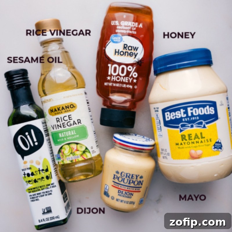 Key Ingredients for Asian Chicken Wraps Dressing All the essential ingredients for the Asian Chicken Wraps dressing laid out for easy preparation.