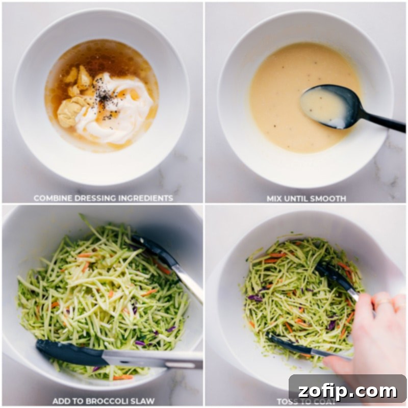 Mixing the Dressing for Asian Chicken Wraps Asian Chicken Wraps dressing being mixed in a bowl and then poured over a vibrant broccoli slaw.