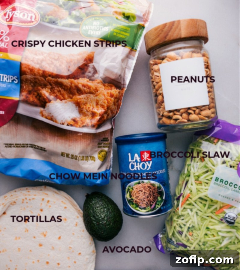 Prepped Ingredients for Delicious Asian Chicken Wraps All ingredients for the Asian Chicken Wraps are prepped and laid out, ready for assembly.