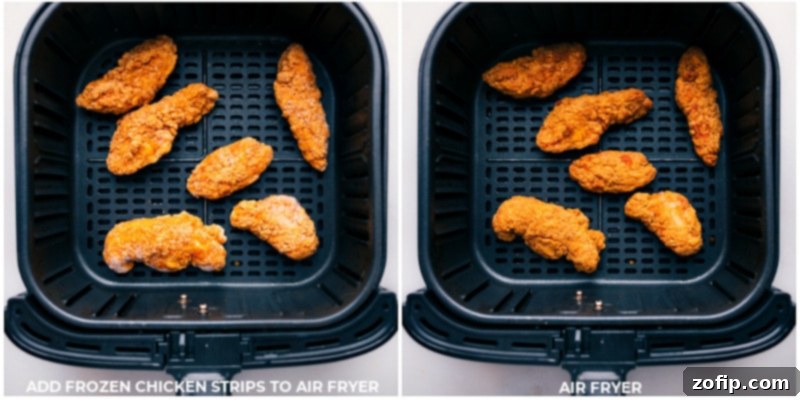 Perfectly Crispy Chicken for Asian Wraps Crispy chicken strips being air-fried to a perfect golden brown, ready to be added to the Asian Chicken Wraps.