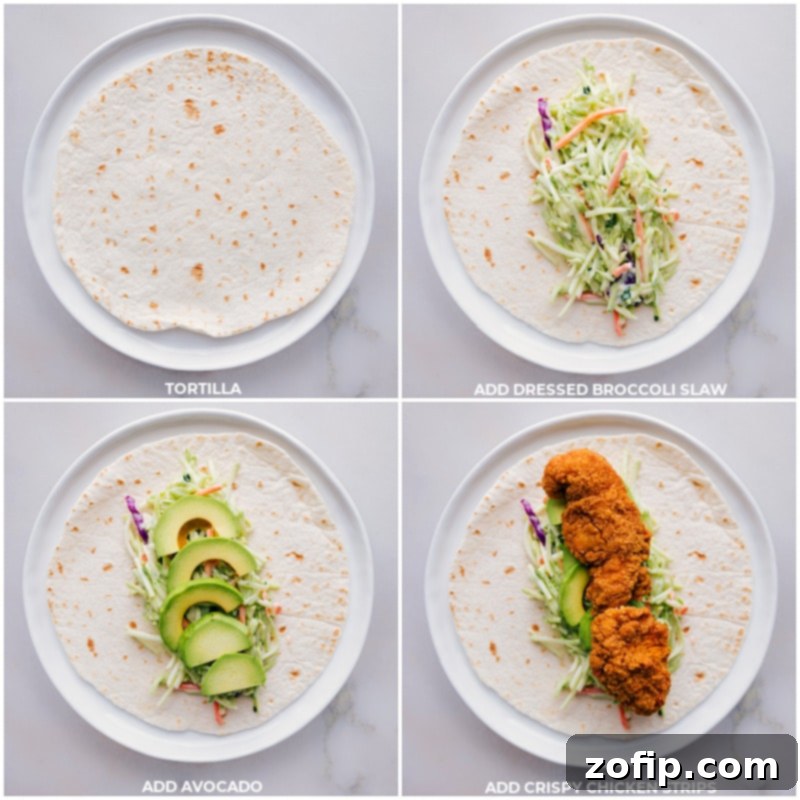 Assembling the Ultimate Asian Chicken Wraps The process of assembling Asian Chicken Wraps, showing each ingredient carefully layered into a tortilla.