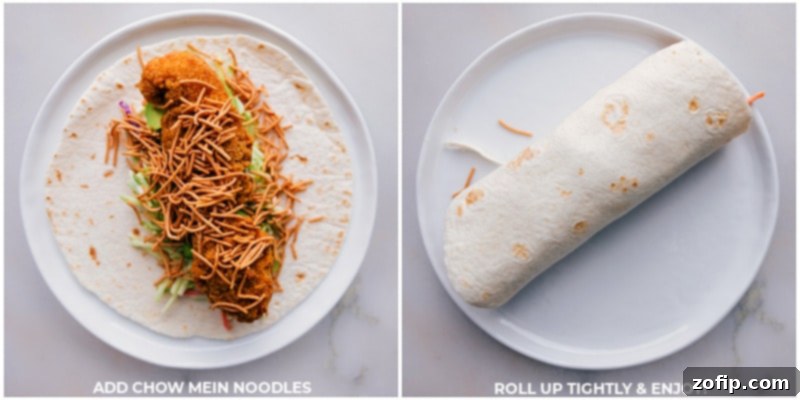 Adding Crunch and Rolling Delicious Asian Chicken Wraps Chow mein noodles being sprinkled over the assembled Asian Chicken Wrap, followed by the rolling of the tortilla.