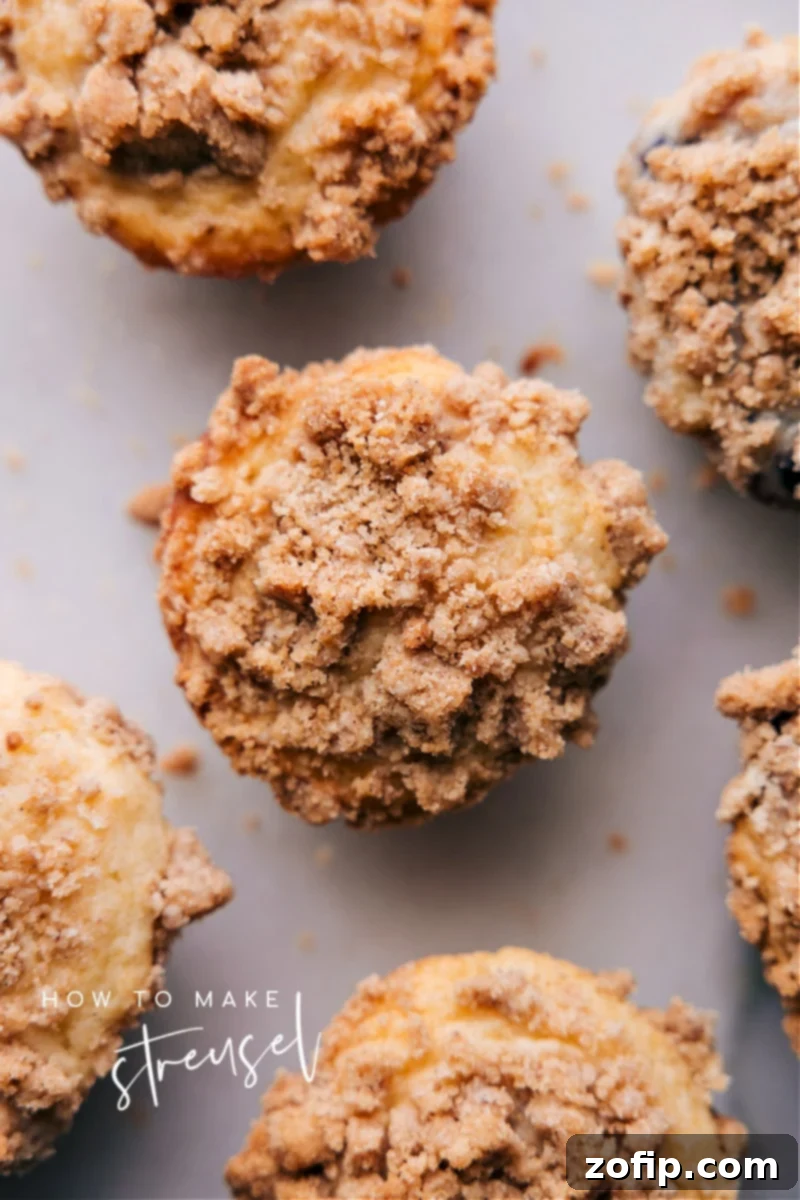 Enhance your baking with homemade streusel, a crunchy, sweet, and buttery topping perfect for any dessert. Learn how to make the best streusel with this quick and easy recipe via chelseasmessyapron. Golden brown muffins topped with irresistible streusel, promising a perfect crunch and sweet flavor, ready for baking.