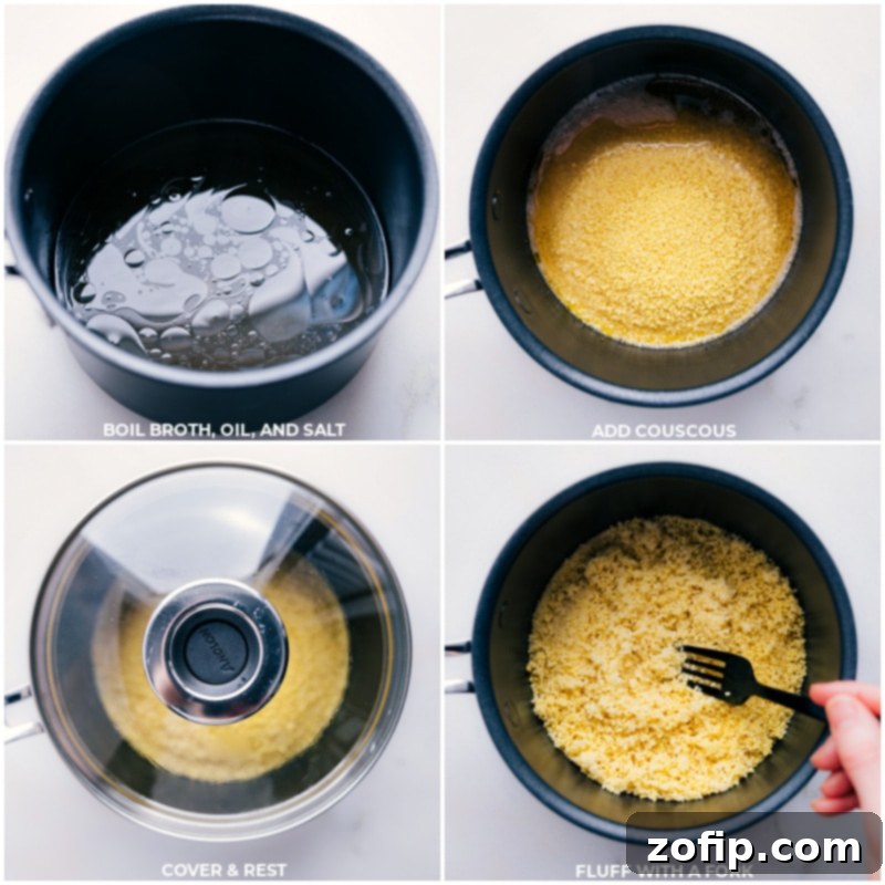 Process shots: images of broth, oil, and salt being brought to a boil, followed by the couscous being added to the hot liquid.
