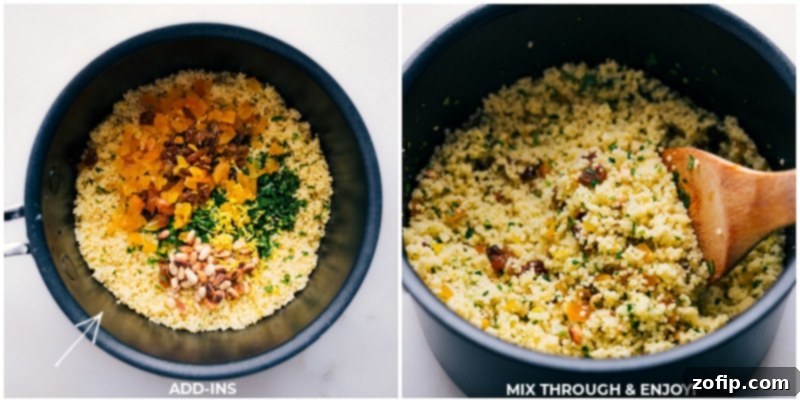 Assortment of extra ingredients like fresh herbs, dried fruits, and toasted nuts being added into a bowl of fluffy couscous.