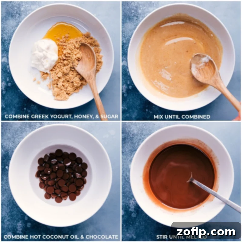 Mixing wet ingredients for chocolate zucchini bread: yogurt, honey, eggs, oil, vanilla