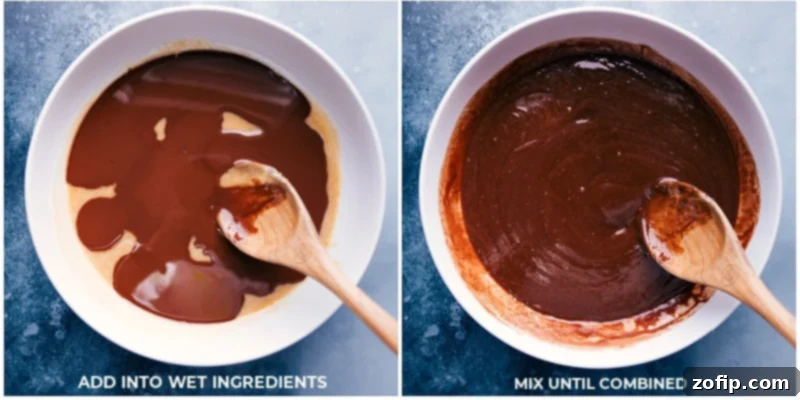 Adding melted chocolate to the wet mixture for extra richness