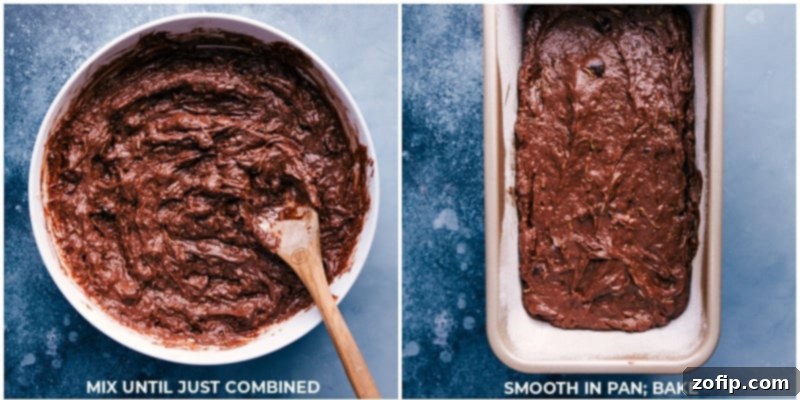 Chocolate Zucchini Bread batter in loaf pan, topped with chocolate chips, ready for baking