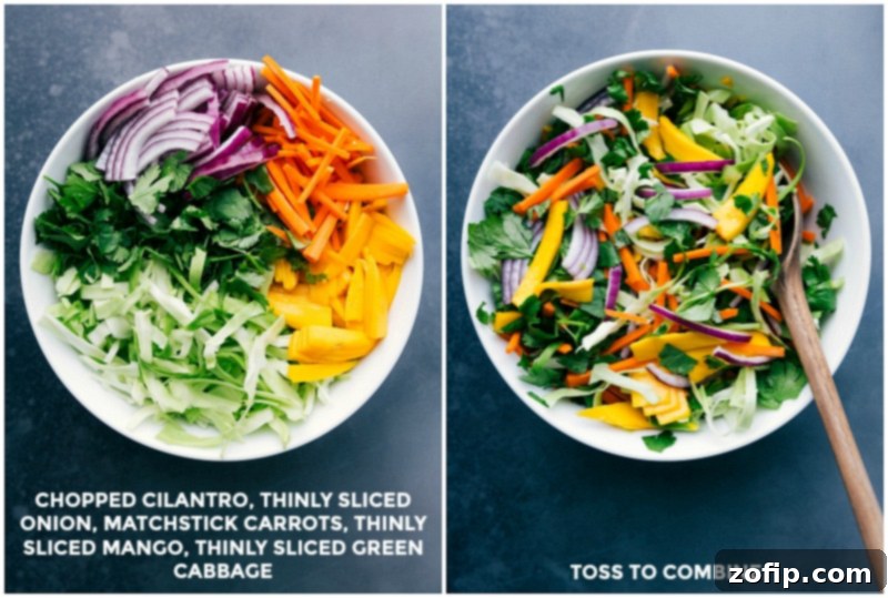 Crafting the Perfect Mango Slaw for Asian Chicken Tacos Step-by-step preparation of the fresh mango slaw, showing green cabbage, red onion, carrots, cilantro, and ripe mango being tossed together in a large bowl to create a colorful and flavorful topping for Asian chicken tacos.