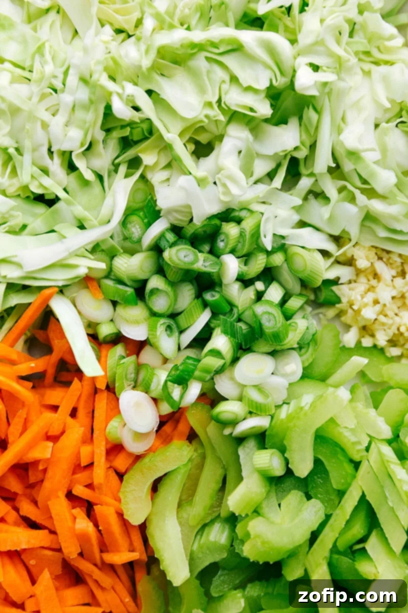 Assortment of freshly chopped vegetables including shredded cabbage, julienned carrots, minced ginger, and green onions, prepped for cooking.