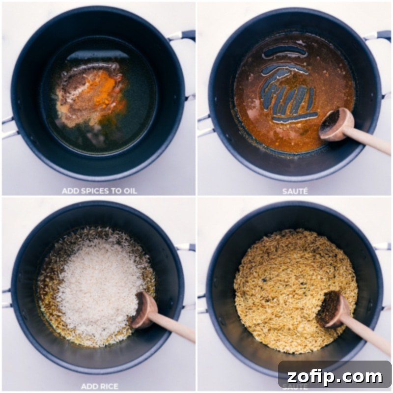 Process shots of Mujadara showing aromatic spices being sautéed in olive oil, followed by the addition of rice to toast.