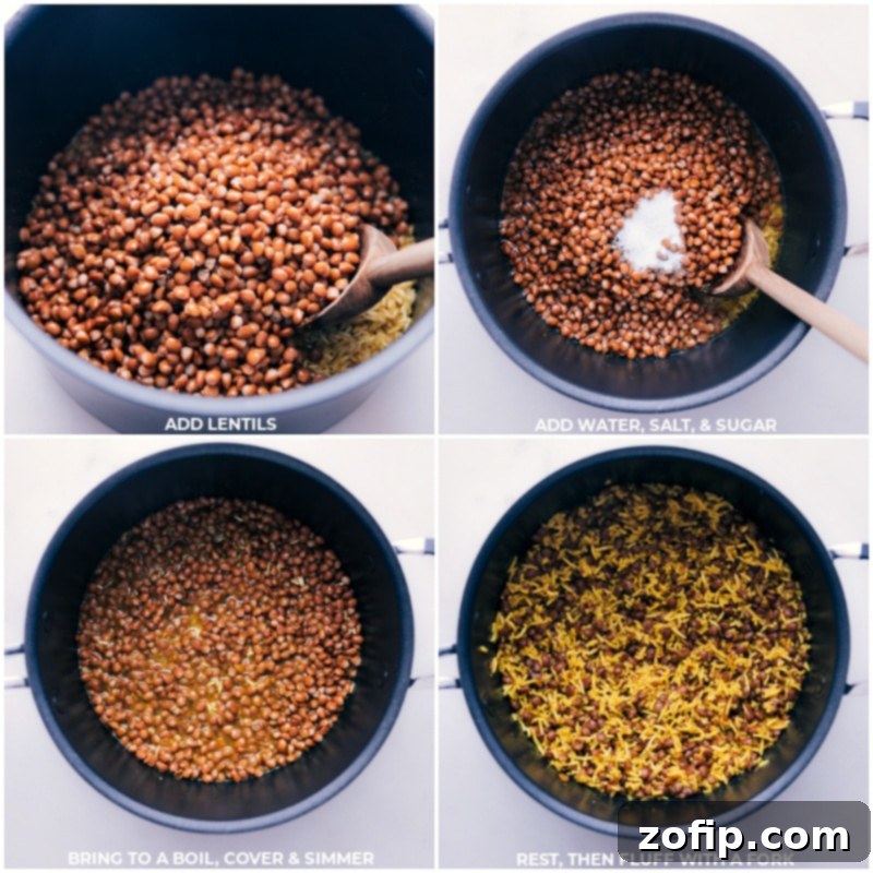 Process shots of Mujadara showing lentils, water, salt, and sugar being added to the pot with the sautéed rice and spices, ready to simmer.