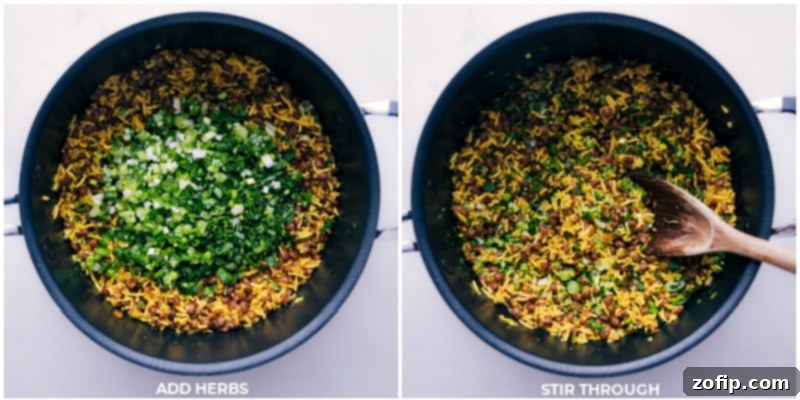 Process shots of Mujadara showing fresh herbs like parsley and green onions being mixed into the fluffy rice and lentil pilaf.