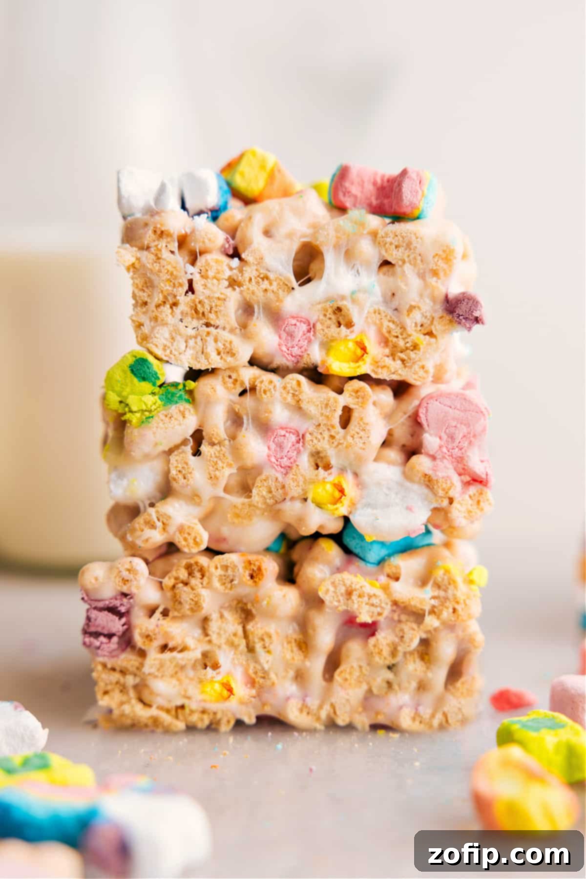 Lucky Charms Bars stacked high, showcasing their colorful marshmallows and ready to be enjoyed.