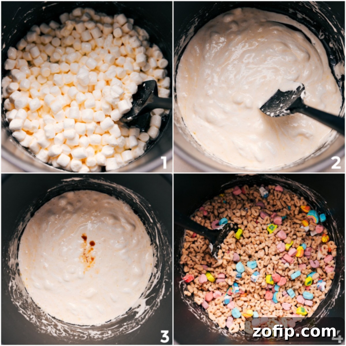 Marshmallows melting in a pot, with vanilla and Lucky Charms cereal being added, illustrating the preparation process for these bars.